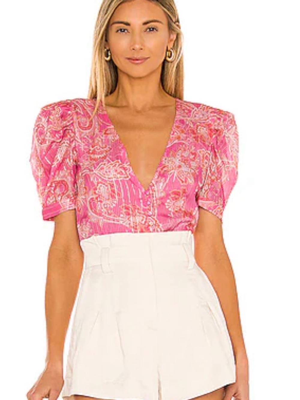 HEMANT & NANDITA Pink Printed V-Neck Puff Sleeve Blouse